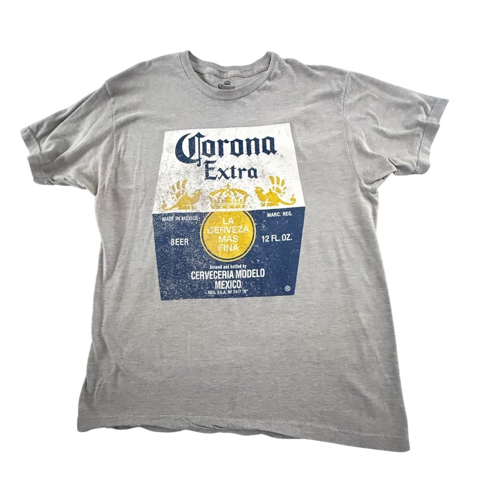 Corona Extra Mens Graphic T-Shirt Gray Short Sleeve Beer Logo XL Distressed